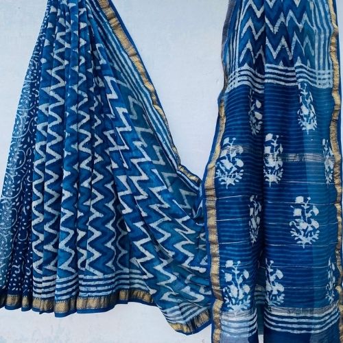 Elegant Blue Maheshwari Silk Saree – Handloom Cotton Silk Weave
