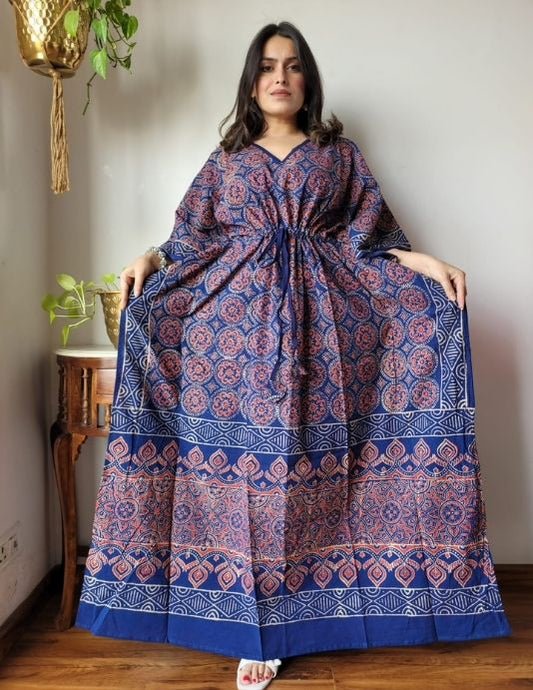 Blue Maroon Hand Block Printed Cotton Kaftan – Free Size 36–52
