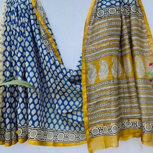Blue & Mustard Chanderi Silk Saree with Paisley and Stripe Print