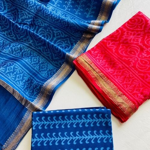 Blue & Red Maheshwari Silk Suit – Elegant Unstitched Dress Material