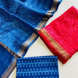 Blue & Red Maheshwari Silk Suit – Elegant Unstitched Dress Material