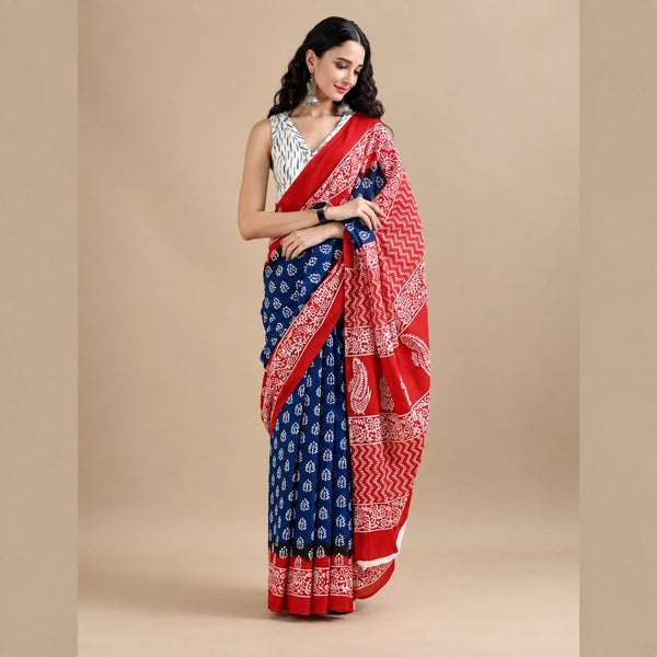 Blue & Red Printed Cotton Mulmul Saree with Ethnic Motifs