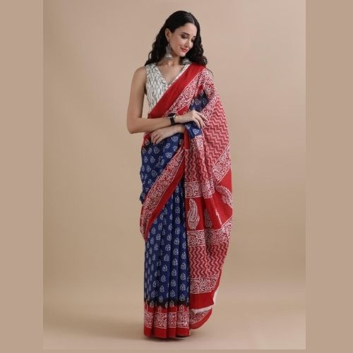Blue & Red Mulmul Cotton Saree – Soft Handloom Printed Saree for Women