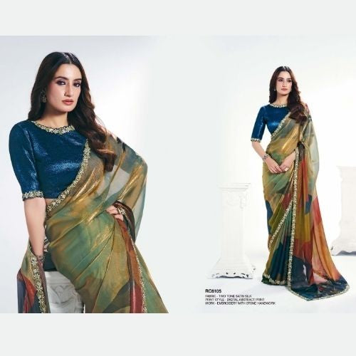 Blue & Multicolor Satin Silk Saree with Stone Work & Abstract Print