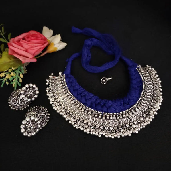 Premium Blue Silver Oxidised Choker Necklace Set