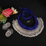 Premium Blue Silver Oxidised Choker Necklace Set