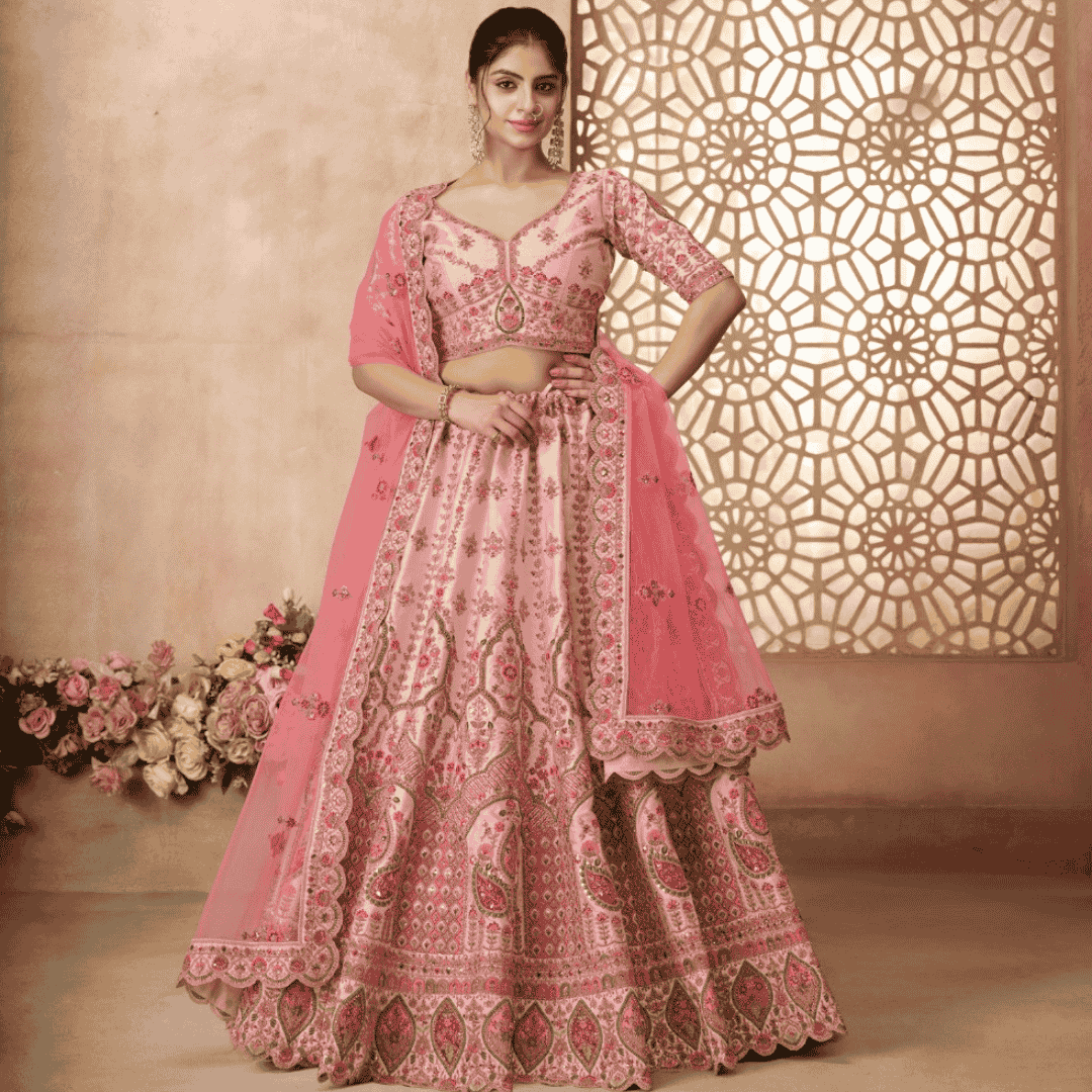 Blush Pink Silk Embroidered Bridal & Haldi Wedding Lehenga Set