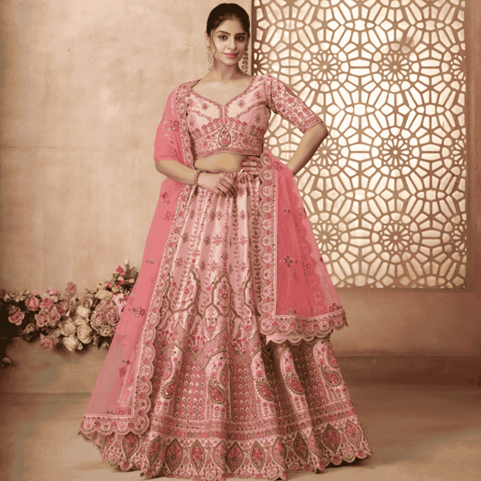 Blush Pink Silk Embroidered Bridal & Haldi Wedding Lehenga Set