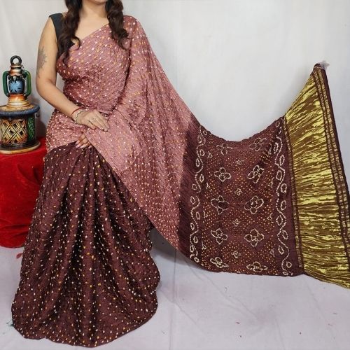 Brown Light/Dark Modal Silk Bandhni Saree with Blouse