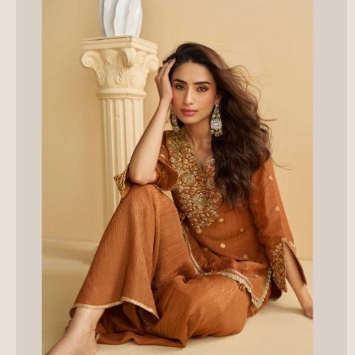 Brown Embroidered Sharara Suit