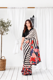 Black & White Satin Silk Ready to Wear Floral Print Saree with Belt
