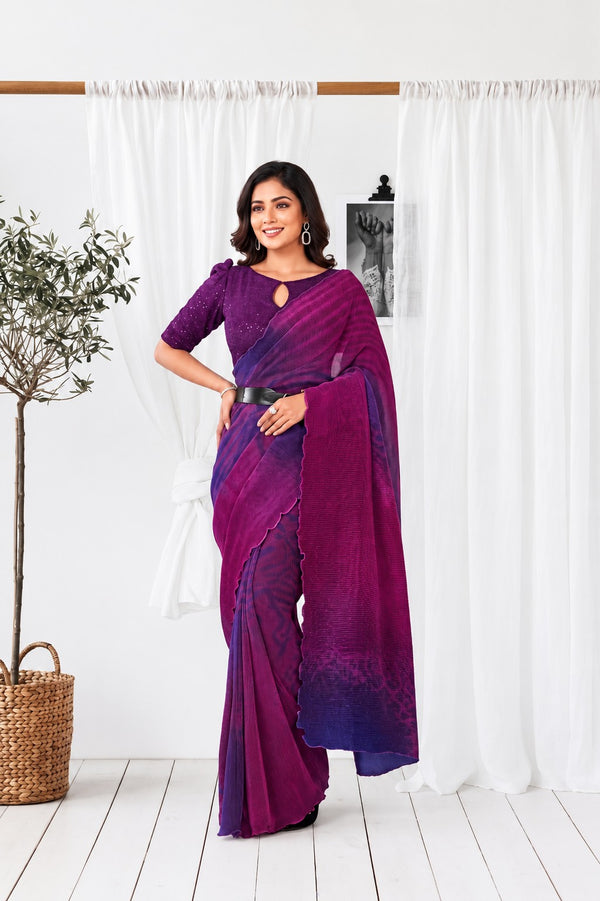 Purple Satin Silk Ready to Wear Party Wear Saree with Belt