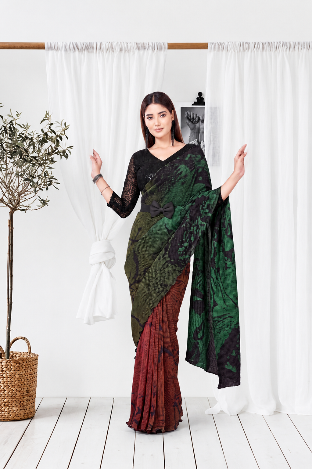 Multicolour Satin Silk Ready to Wear Designer Saree