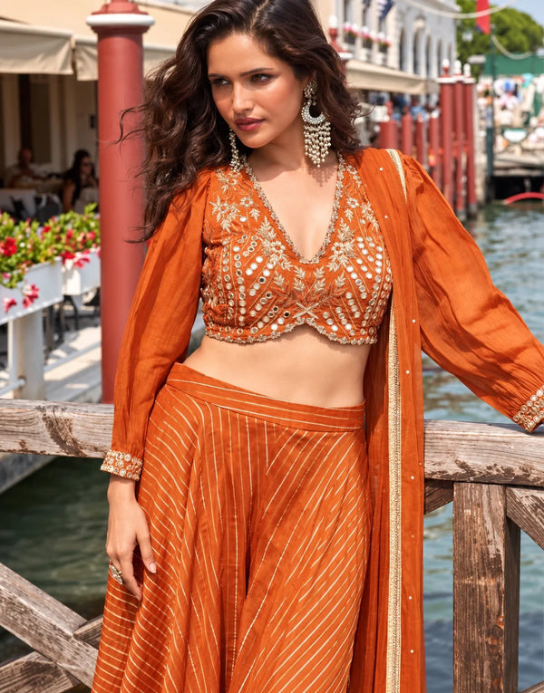 Rust Orange Embroidered Indo-Western Silk Palazzo Set with Dupatta