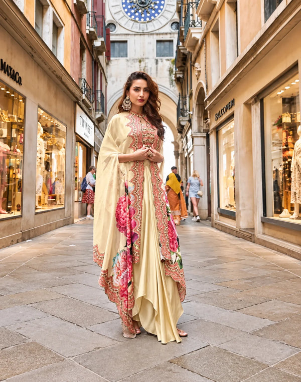 Beige Floral Indo Western French Crepe Silk Dhoti Set