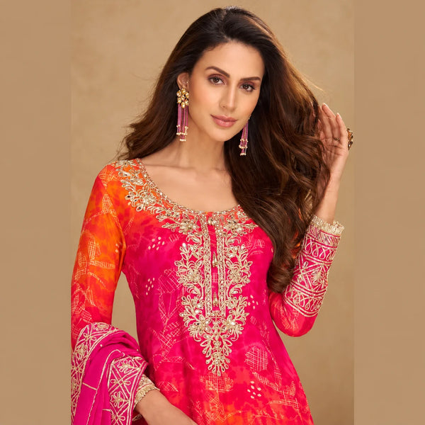 Designer Pink and Orange Party Wear Chinon Silk Palazzo Suit