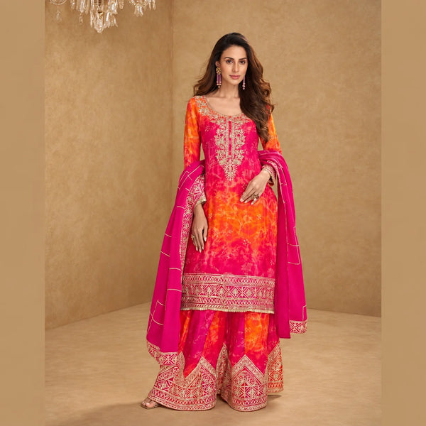 Designer Pink and Orange Party Wear Chinon Silk Palazzo Suit
