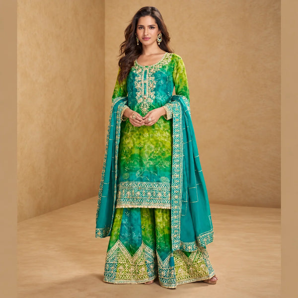 Designer Green & Teal Chinon Silk Party Wear Palazzo Suit