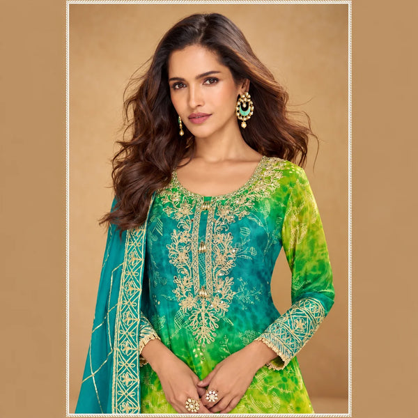 Designer Green & Teal Chinon Silk Party Wear Palazzo Suit