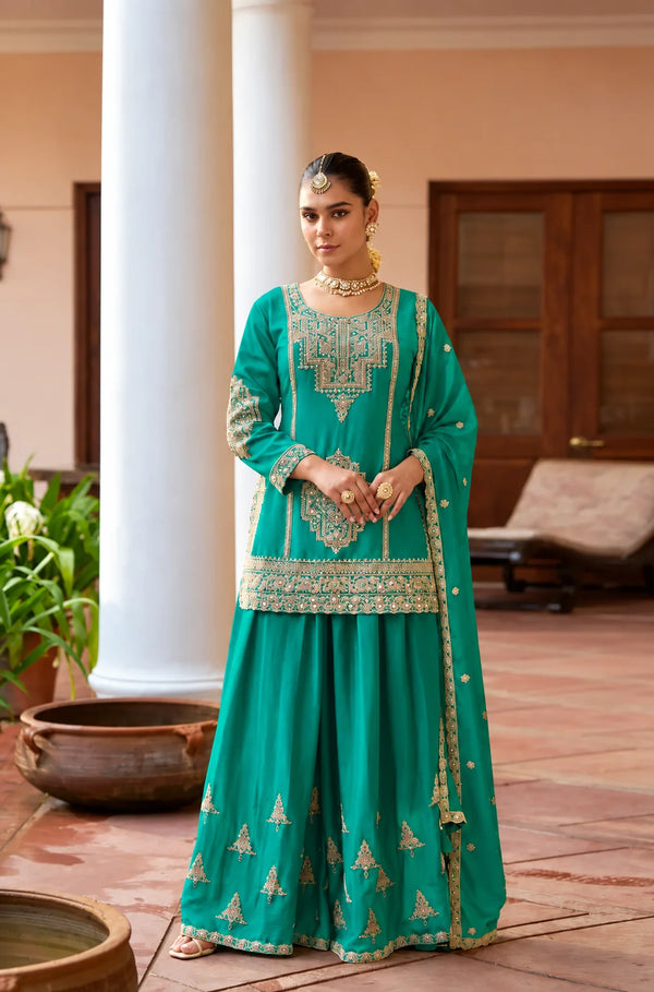 Emerald Green Real Chinon Embroidered Festive Palazzo Suit