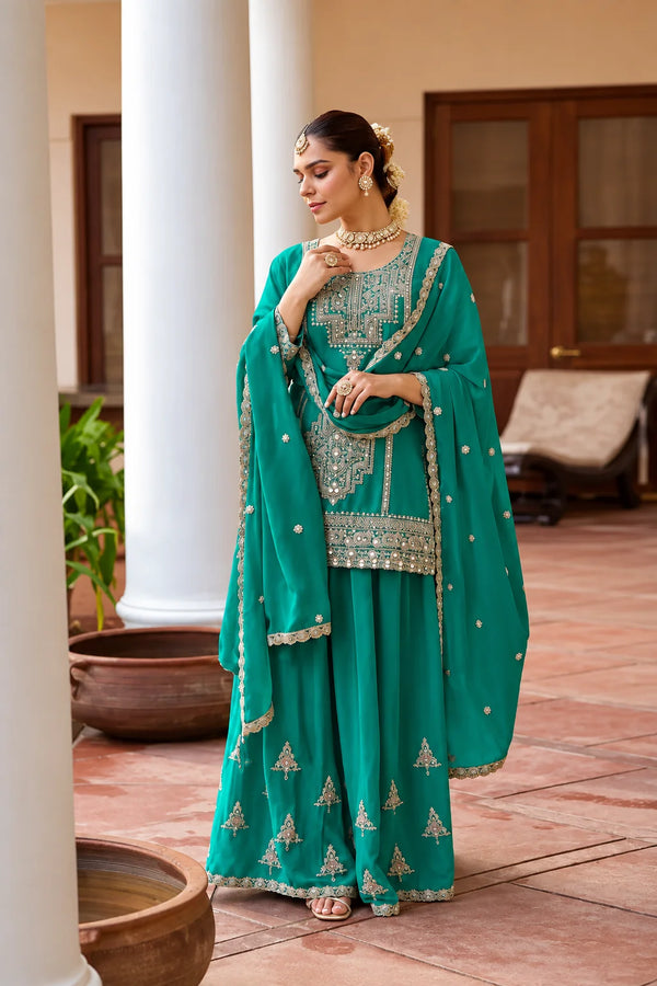 Emerald Green Real Chinon Embroidered Festive Palazzo Suit