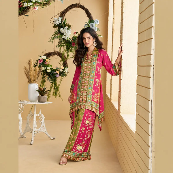 Pink & Green Premium Crepe Silk Digital Printed Co-ord Set