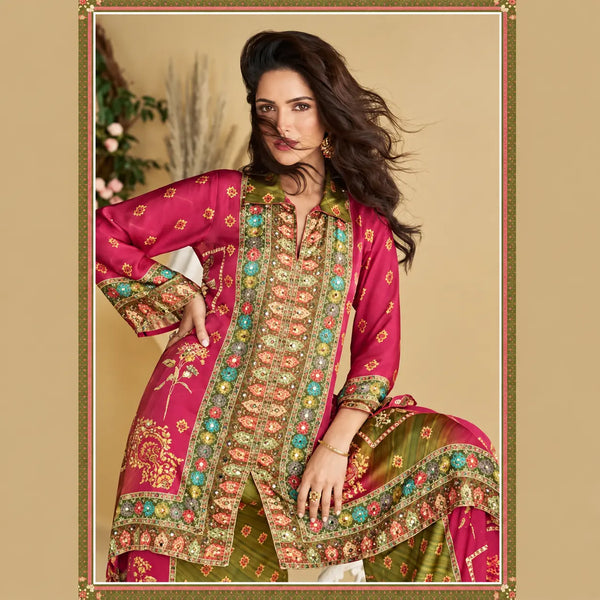 Pink & Green Premium Crepe Silk Digital Printed Co-ord Set