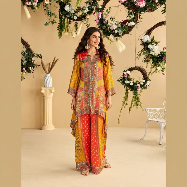Orange & Yellow Digital Crepe Silk Mirror Work Coord Set for Women