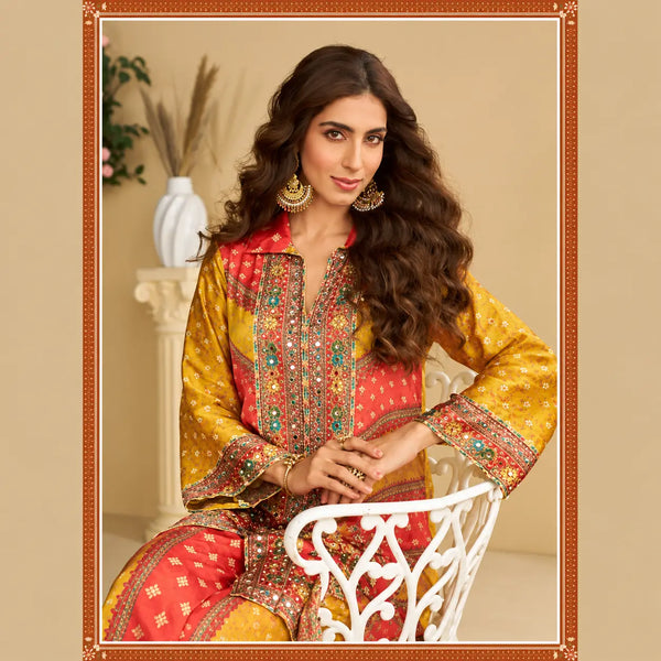 Orange & Yellow Digital Crepe Silk Mirror Work Coord Set for Women