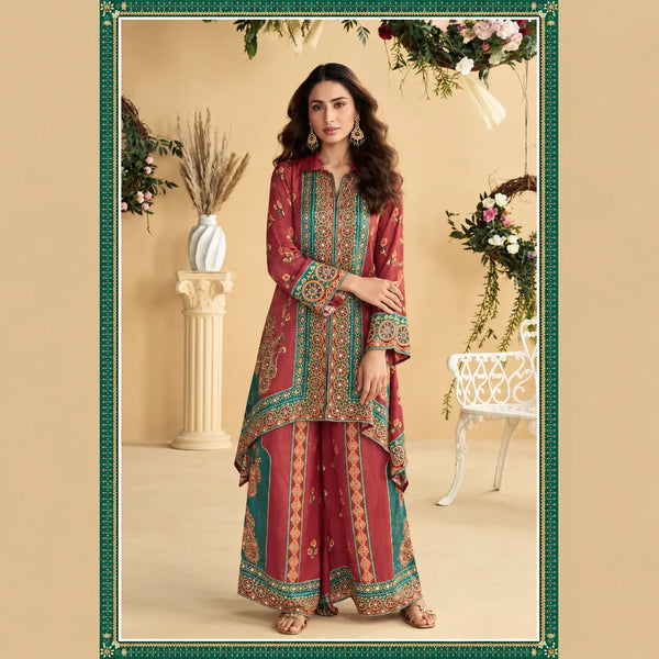 Red & Teal Digital Print Crepe Silk Coord Set with Mirror Work