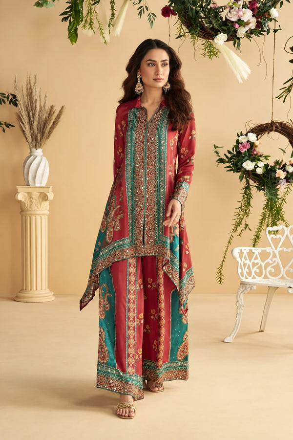 Red & Teal Digital Print Crepe Silk Coord Set with Mirror Work