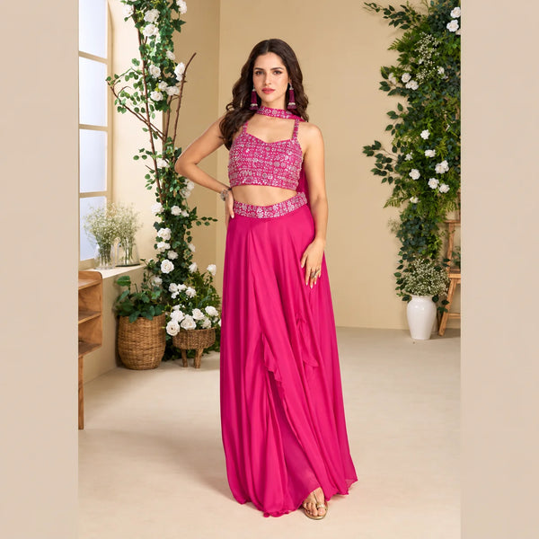 Fuchsia Pink Indo Western Dress in Real Chinon Silk & Georgette