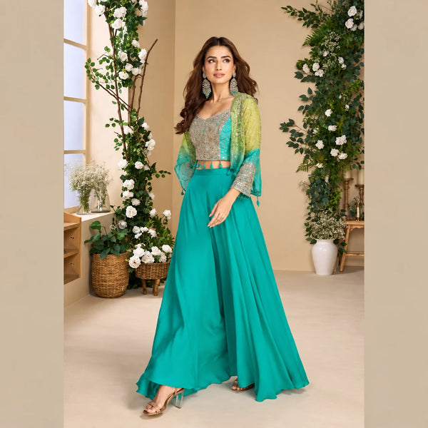 Sea Green Indo Western Dress in Chinon Silk with Palazzo & Dupatta