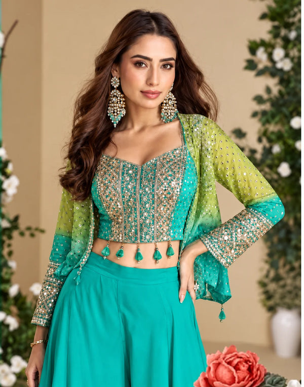 Sea Green Indo Western Dress in Chinon Silk with Palazzo & Dupatta
