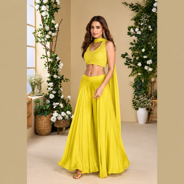 Yellow Indo Western Dress in Chinon Silk with Palazzo & Dupatta