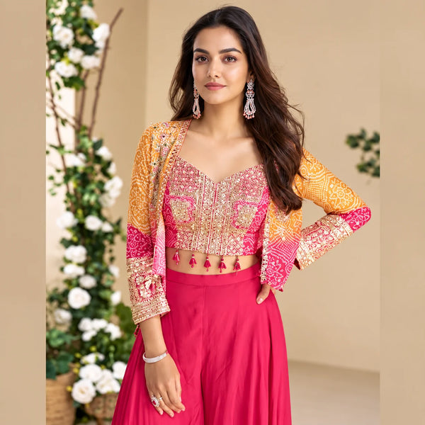Pink Indo Western Dress in Chinon Silk with Palazzo & Dupatta