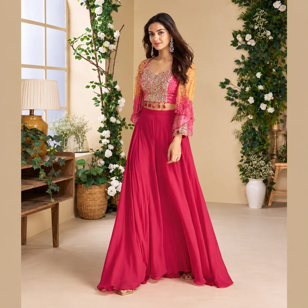 Pink Indo Western Dress in Chinon Silk with Palazzo & Dupatta