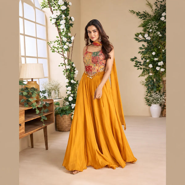 Mustard Indo Western Dress in Chinon Silk with Palazzo & Dupatta