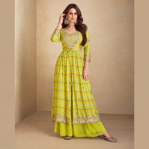 Lime Yellow Indo Western Dress with Real Chinon Silk Palazzo