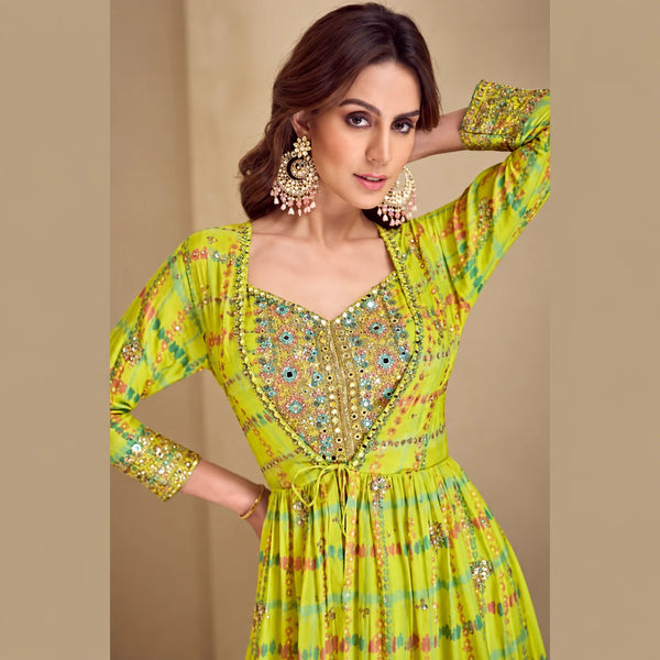 Lime Yellow Indo Western Dress with Real Chinon Silk Palazzo