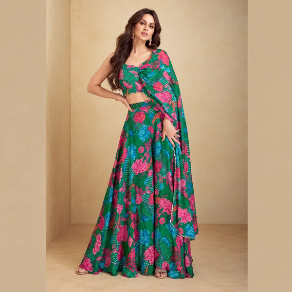 Green Floral Indo Western Dress with Real Chinon Silk Dupatta