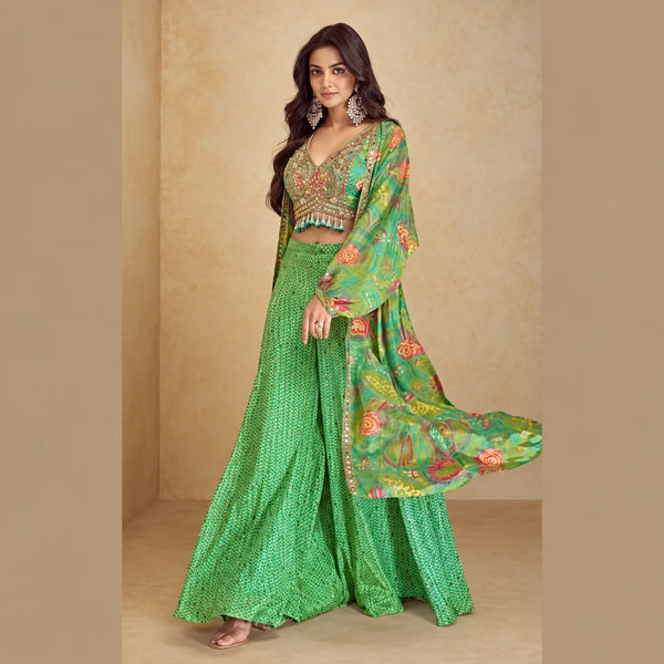Green Printed Indo Western Dress in Real Chinon Silk with Jacket