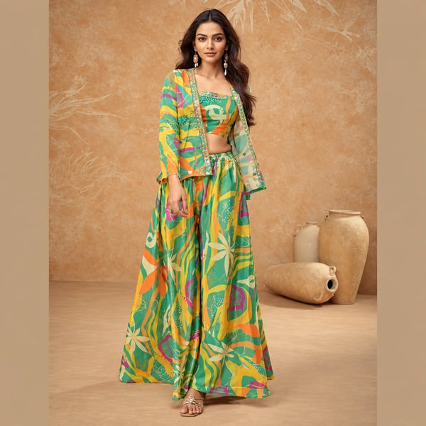 Multicolor Printed Indo Western Dress in Real Chinon Silk