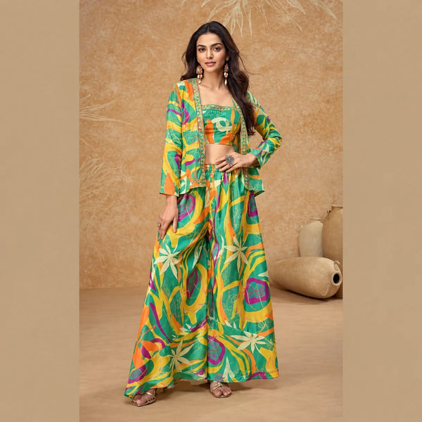 Multicolor Printed Indo Western Dress in Real Chinon Silk