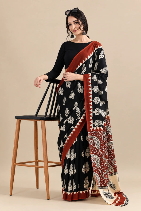 Black & Maroon Printed Cotton Mulmul Saree with Ethnic Motifs