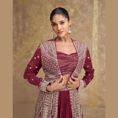 Chinon Silk Wine Lehenga Choli with Cancan