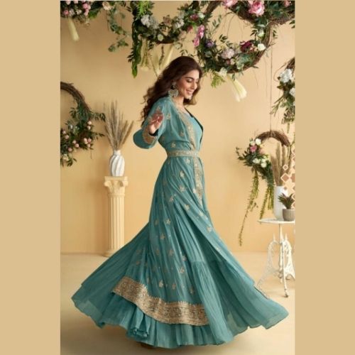 Chinon Silk Embroidered Shrug with Belt Gown