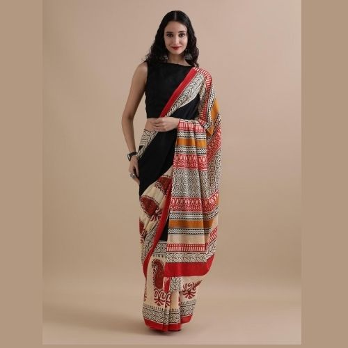 Cream & Black Cotton Mulmul Saree – Soft Handloom Saree with Red Border