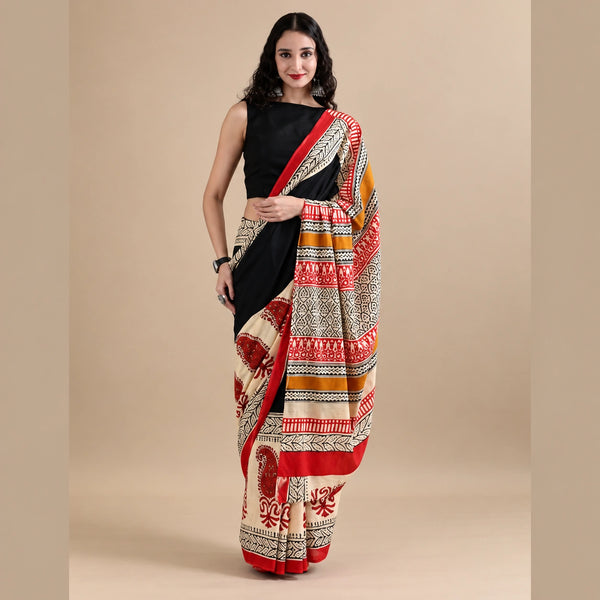 Cream & Black Printed Cotton Mulmul Saree with Red Border