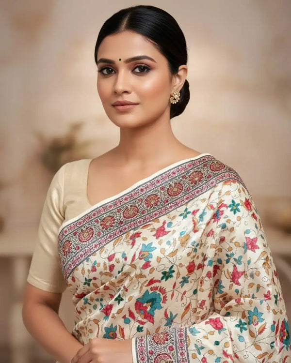 Cream Pure Kashmiri Pashmina Silk Saree with Shawl